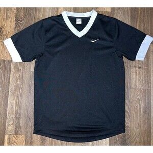 NIKE Active wear V-neck Mens Shirt Blk/Gray Stripe Sz L Vintage Y2K